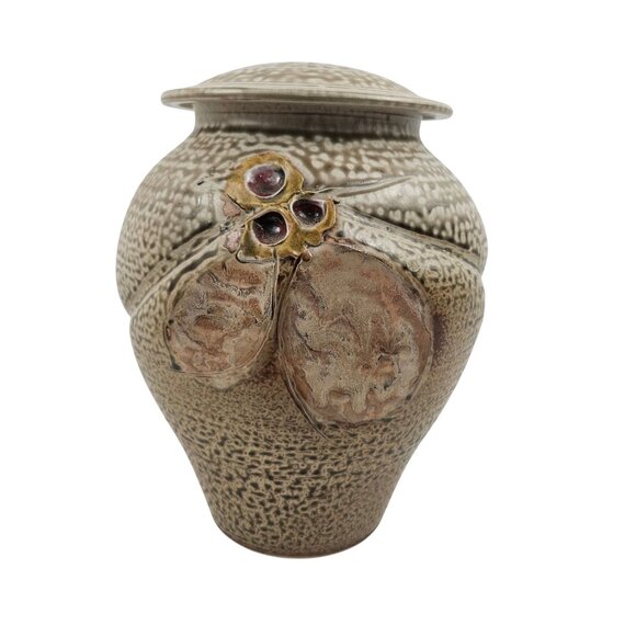Vintage Studio Pottery Lidded Jar Signed Artisan Vase Urn Tan Floral Relief
